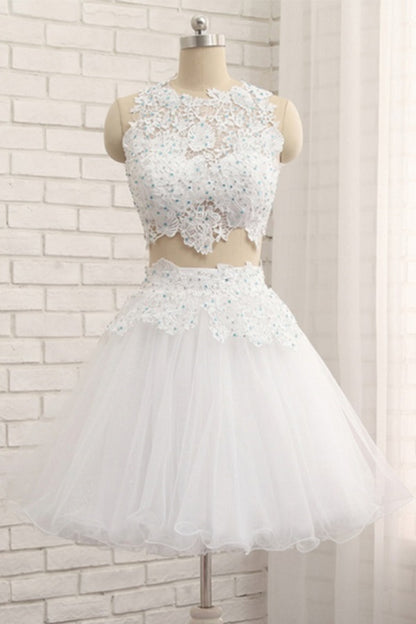 White Lace Juniors Prom Dress Two Piece Homecoming Dress - Dollygown