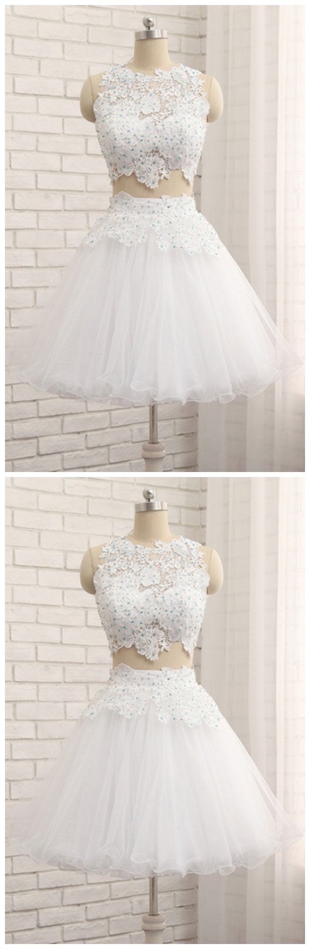 White Lace Juniors Prom Dress Two Piece Homecoming Dress