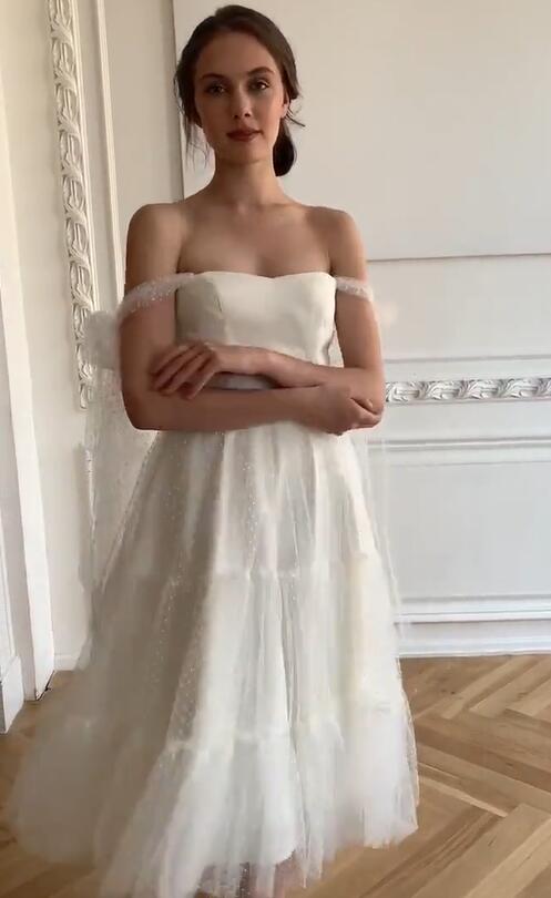 White Polka Dot Flowy Short Wedding Reception Dress - DollyGown