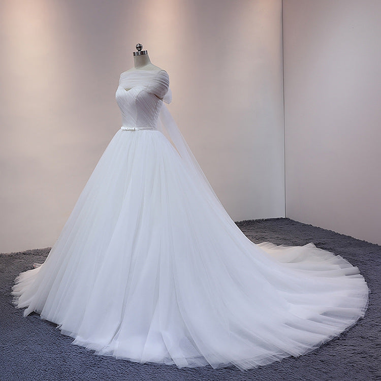 White Princess Tulle Ball Gown Cathedral Train Wedding Dress with Off Shoulder Draping #21011210