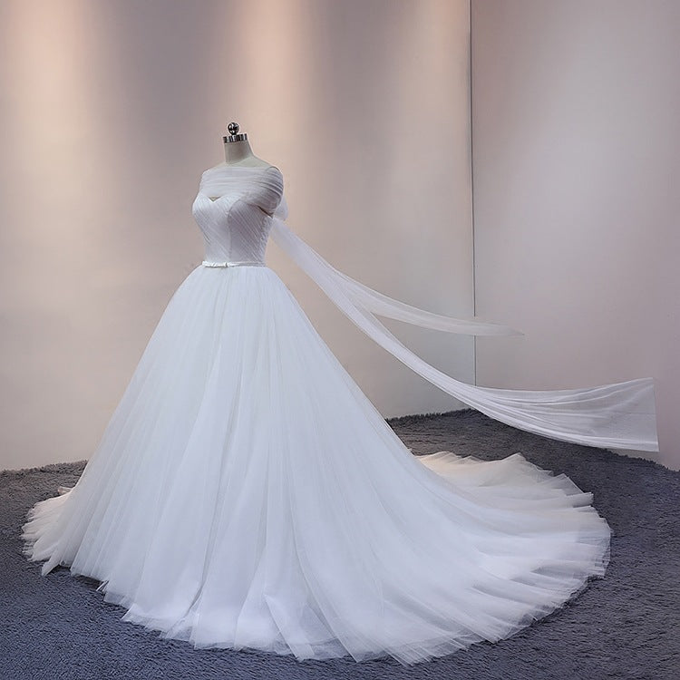 white princess dress White Princess Tulle Ball Gown Cathedral Train Wedding Dress with Off Shoulder Draping