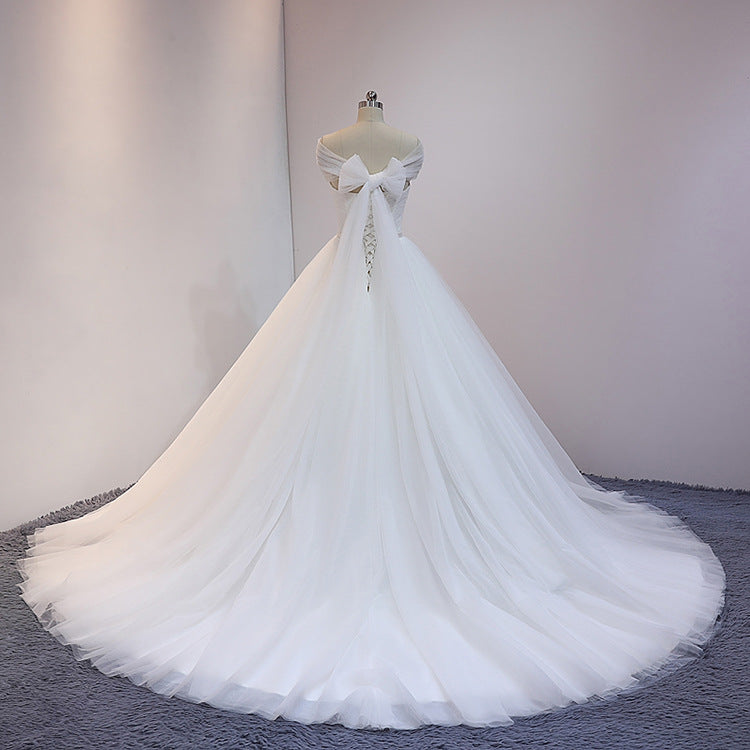 White Princess Tulle Ball Gown Cathedral Train Wedding Dress with