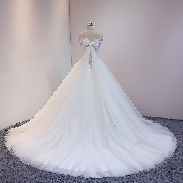 White Princess Tulle Ball Gown Cathedral Train Wedding Dress with Off Shoulder Draping #21011210