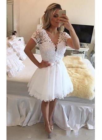 White Sparkly Lace Sleeved Short 8th Grade Formal Dress,Graduation Prom Dress,20081629