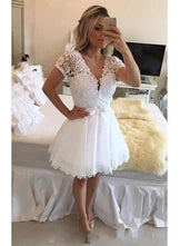 White Sparkly Lace Sleeved Short 8th Grade Formal Dress | Graduation Prom Dress main image 1