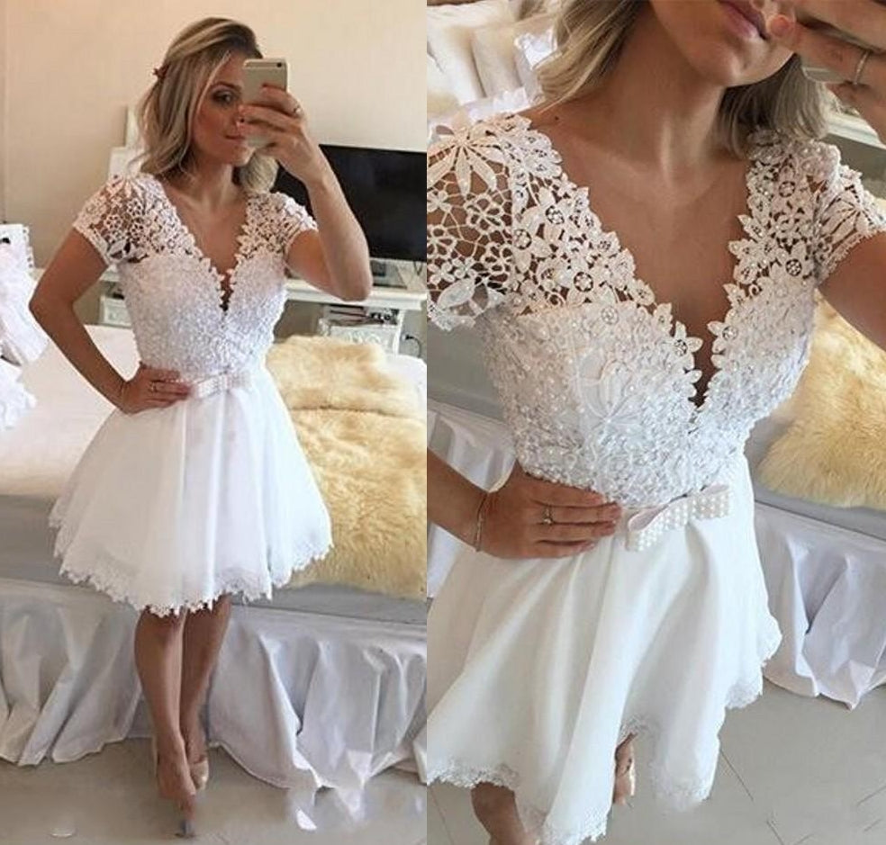 White Sparkly Lace Sleeved Short 8th Grade Formal Dress | Graduation Prom Dress White Sparkly Lace Sleeved Short 8th Grade Formal Dress | Graduation Prom Dress