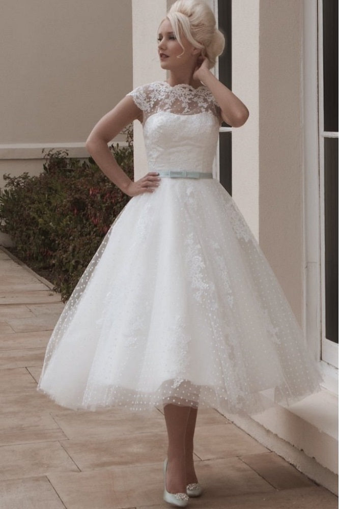 White Tea Length Lace Retro Wedding Dress, Polka Dot Tea Length Wedding Dress,200802022