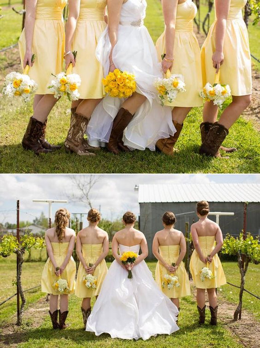 Yellow Country Style Short Strapless Bridesmaid Dresses with Boots,20081827