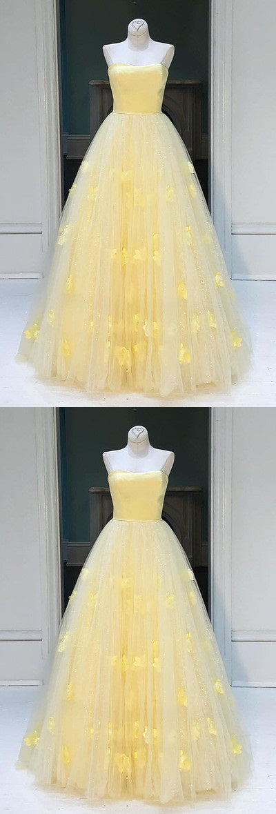 Strapless Long Yellow Prom Ball Gown with Sheer Bodice