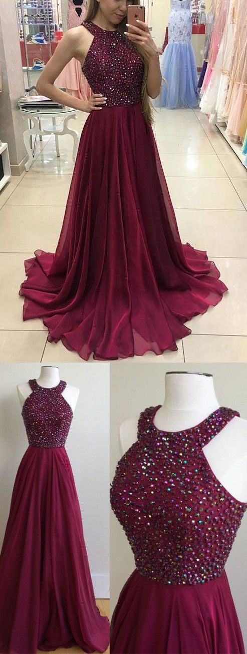 Maroon Prom Dress Fancy Beading Halter A Line Chiffon Party Prom Dress 201707206-Dolly Gown