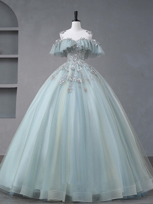 Dusty Blue Ball Gown Off The Shoulder Sweet 16 Dress - DollyGown