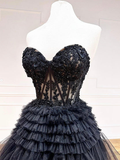 Black Strapless  Tulle Tiered Sheer Prom Dress - DollyGown