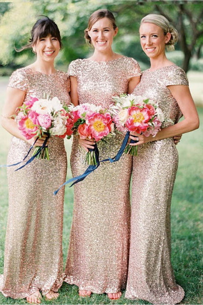 Long Rose Gold Sequin Bridesmaid Dresses Country Style Rustic Bridesmaid Dresses Fs013-Dolly Gown