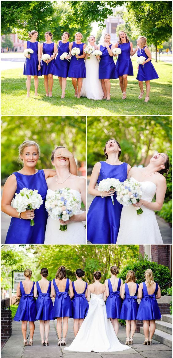 Bateau Neck Royal Blue Short Knee Length Bridesmaid dresses with Low back Bateau Neck Royal Blue Short Knee Length Bridesmaid dresses with Low back