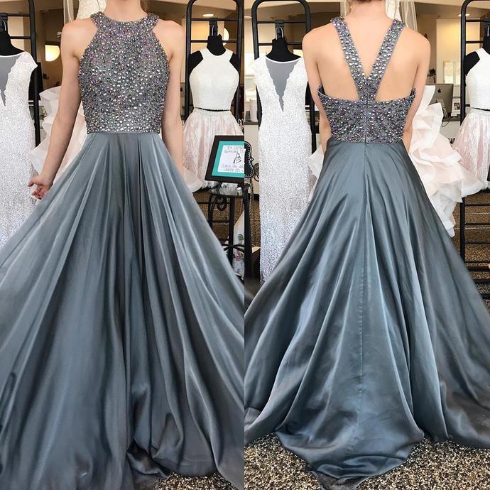 Grey Long Halter Bead Top Formal Graduation Dress Grey Long Halter Bead Top Formal Graduation Dress