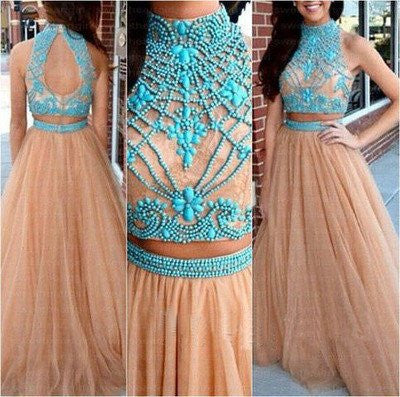 2019 Nude Long Two Piece Tulle Prom Dress with Turquoise Beading For Teens,MA068 - DollyGown