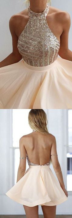 Champagne Seuqins Top Backless Short Homecoming Dress for Teens Champagne Seuqins Top Backless Short Homecoming Dress for Teens