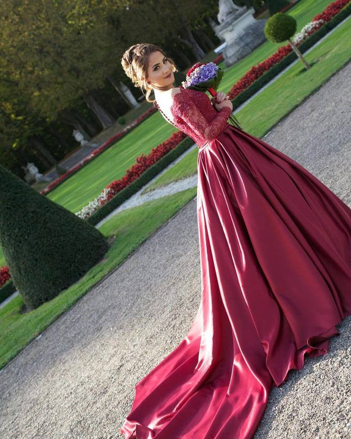 Red Off the Shoulder Lace Top Ball Gown Wedding Dress With Long Sleeves Red Off the Shoulder Lace Top Ball Gown Wedding Dress With Long Sleeves