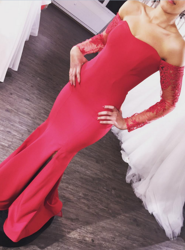 Lace Red Prom Dress Long Sleeve Mermaid Tight Prom Dress with Slit Prom Dress Black Girl Slays Lace Red Prom Dress Long Sleeve Mermaid Tight Prom Dress with Slit Prom Dress Black Girl Slays