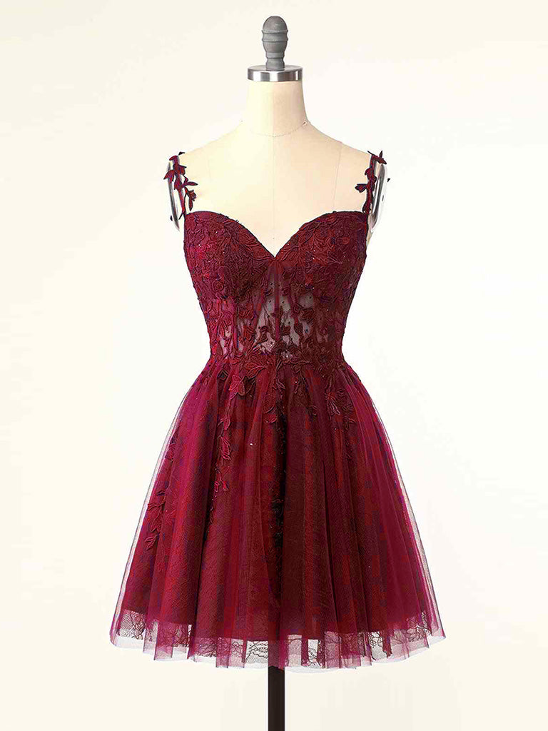 Spaghetti Strap Lace Sheer Top Burgundy Short Prom Dress Homecoming Dress - DollyGown