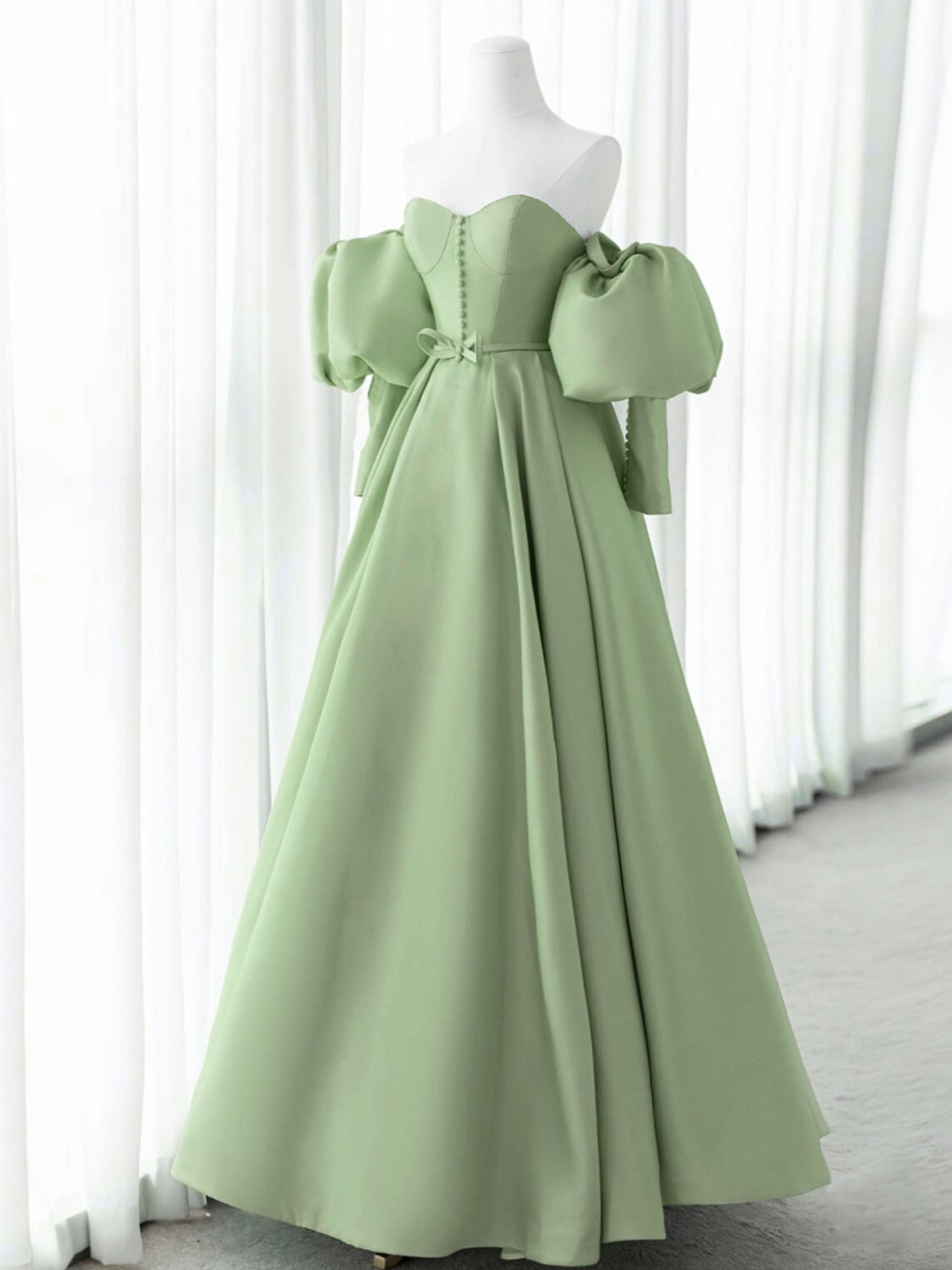 Stylish Sage Green Off The Shoulder Sweetheart Satin Ball Gown with Long Sleeves - DollyGown