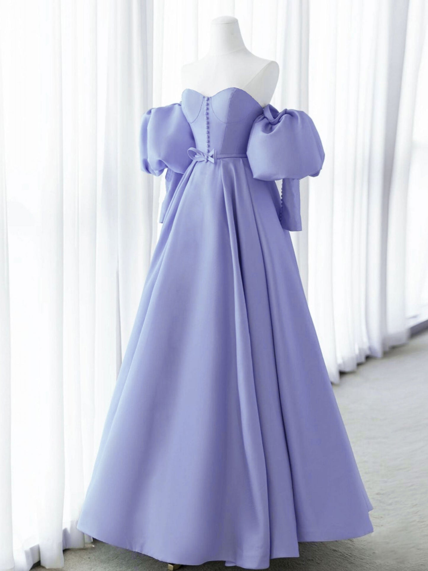 Stylish Lavender Off The Shoulder Sweetheart Satin Ball Gown with Long Sleeves - DollyGown