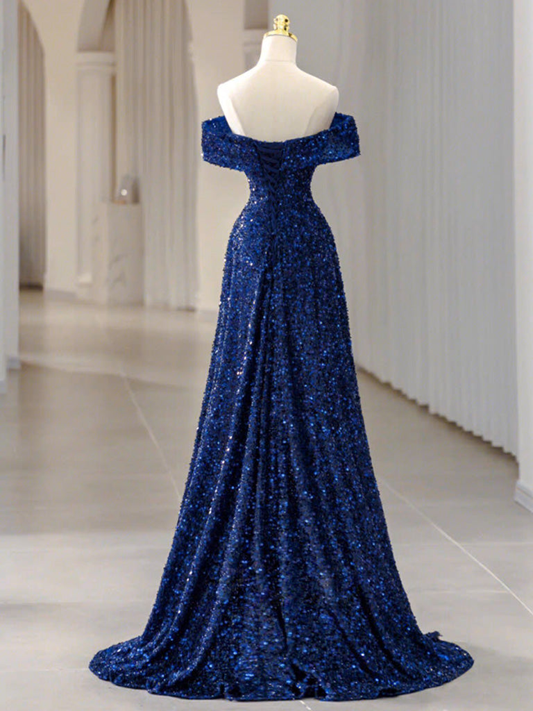 Classic A-line Off the Shoulder Blue Sequins Prom Dress - DollyGown