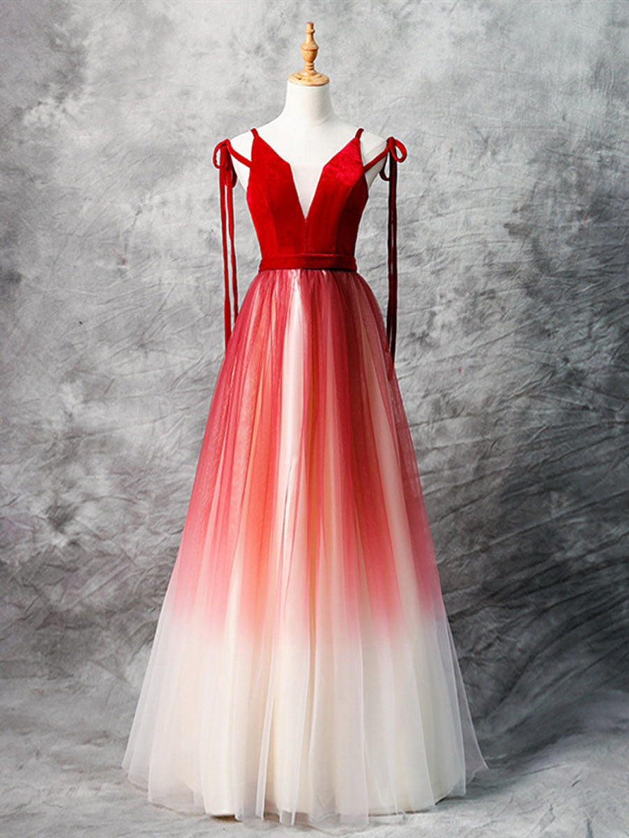 Ombre Red Maxi Long A-line Prom Dress Formal Dress - DollyGown