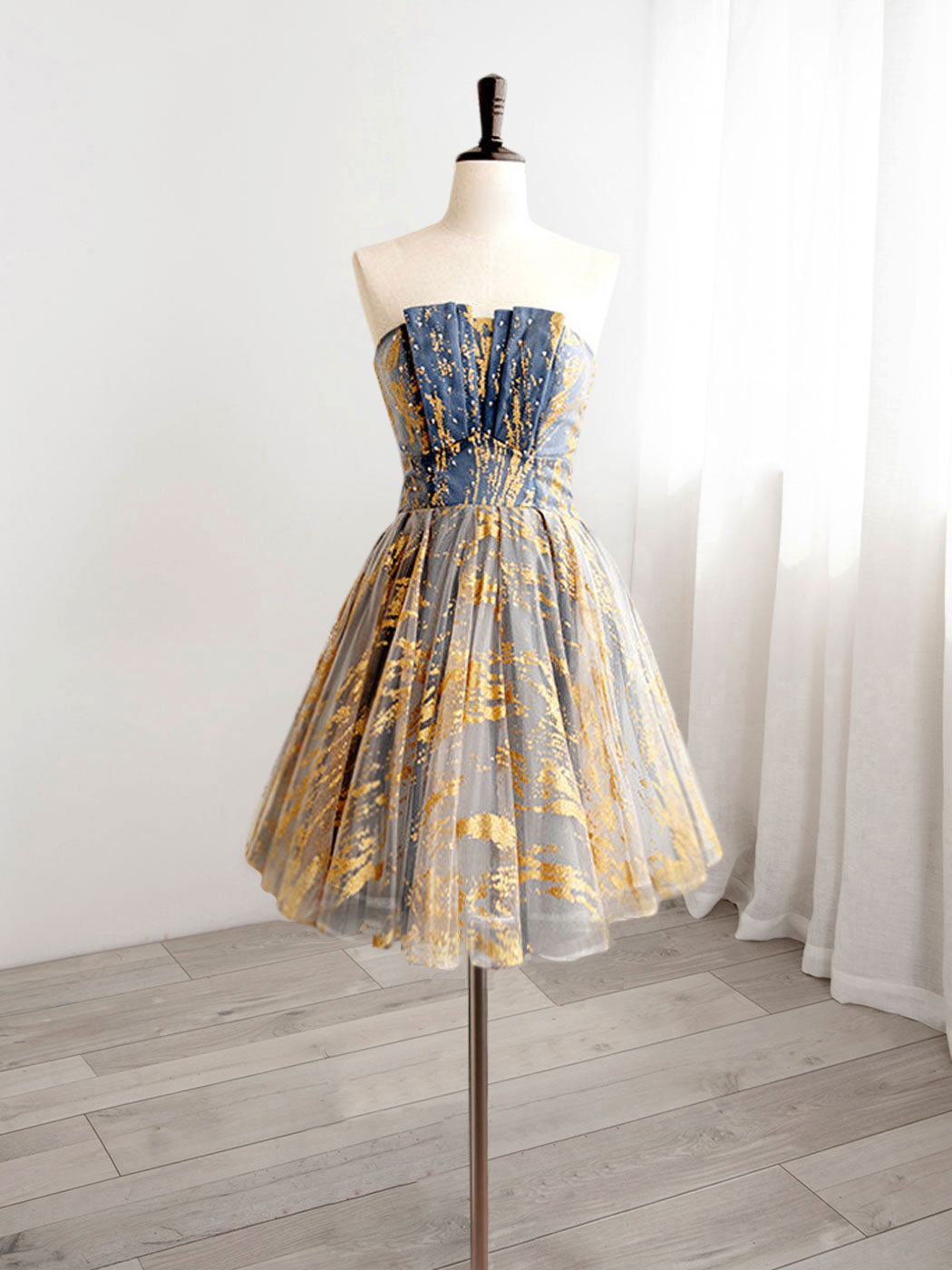 Strapless Gold/Blue Short Homecoming Dress 8th Grade Formal Dress - DollyGown